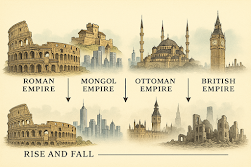 Illustrated timeline showing Roman, Mongol, Ottoman, and British empires rising and falling.
