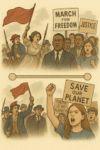 Illustration showing historical and modern social movements—one for civil rights and justice, another for climate action—with people holding banners and flags.