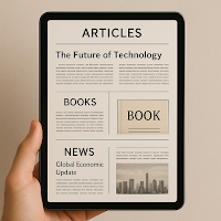Hand holding a digital tablet displaying articles and news.