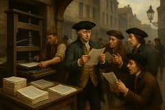 Men reading freshly printed papers at an old printing press.