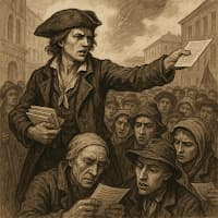 Revolutionary man distributing papers to a crowd.