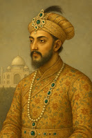 Regal portrait of Shah Jahan with the Taj Mahal in the background.