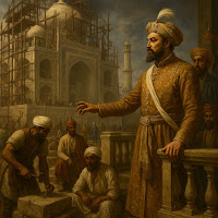 Shah Jahan overseeing Taj Mahal construction with workers.