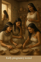 Ancient Egyptian women in traditional dress testing pregnancy with grain seeds in a home setting, surrounded by pottery and warm sunlight.