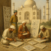 Mughal artisans working on marble inlays near the Taj Mahal.