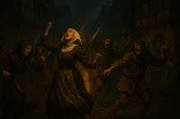 People in medieval clothing dancing uncontrollably in the streets of 1518 Strasbourg during the Dancing Plague, under dramatic, moody lighting.
