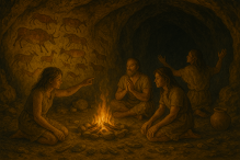 Prehistoric people sitting around a fire in a cave with wall paintings.