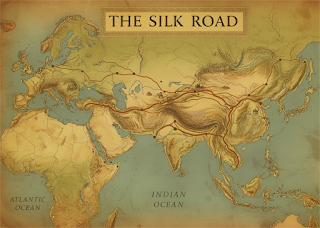 "Vintage-style map showing the Silk Road trade routes connecting Europe, the Middle East, Central Asia, India, and China."