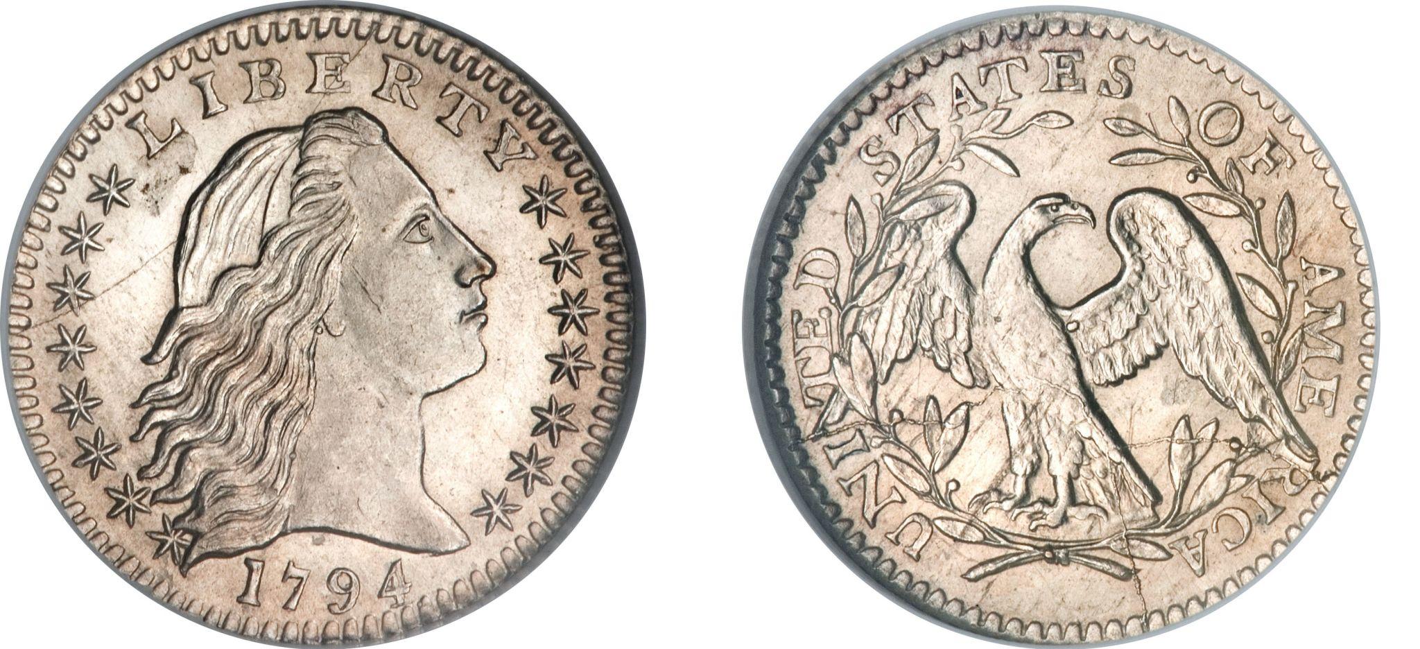 1794 Flowing Hair Silver Dollar, obverse showing Liberty with flowing hair and 15 stars, reverse showing spread eagle, first US silver dollar ever struck, MS-66 grade