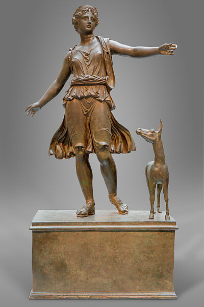 Artemis and the Stag, Roman Imperial bronze sculpture, goddess of the hunt mid-stride with deer companion, c.100–150 CE, over 7 feet tall